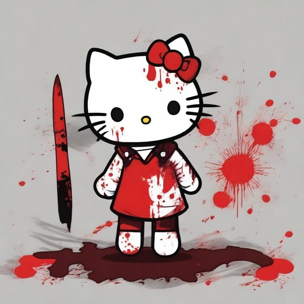 A Hello Kitty character with a bloody white blindfold and a bloody white collar shirt, holding a knife