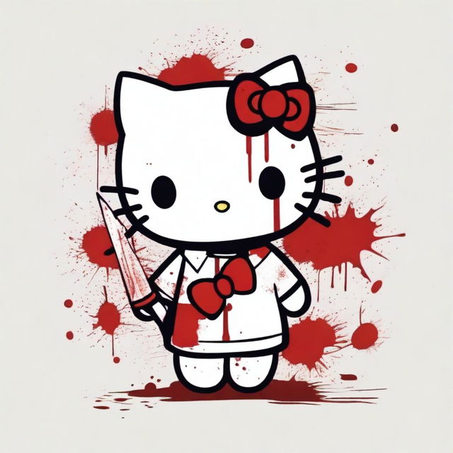 A Hello Kitty character with a bloody white blindfold and a bloody white collar shirt, holding a knife