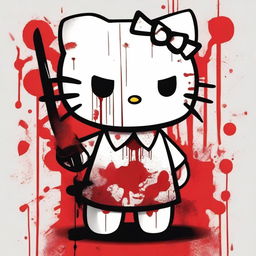 A Hello Kitty character with a bloody white blindfold and a bloody white collar shirt, holding a knife