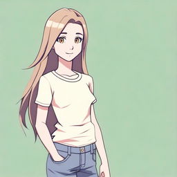 A white female teenager with a thin body, wearing casual clothes, standing in a relaxed pose