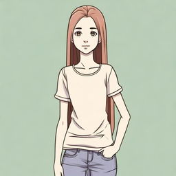 A white female teenager with a thin body, wearing casual clothes, standing in a relaxed pose