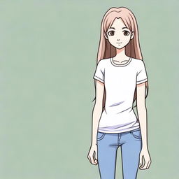 A white female teenager with a thin body, wearing casual clothes, standing in a relaxed pose