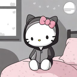 A Hello Kitty character wearing black and grey pajamas and a black hoodie