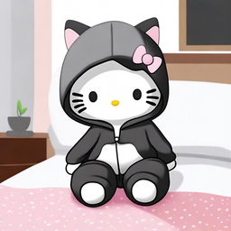 A Hello Kitty character wearing black and grey pajamas and a black hoodie