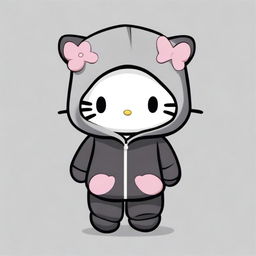 A Hello Kitty character wearing black and grey pajamas and a black hoodie