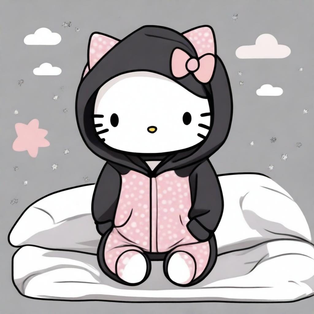 A Hello Kitty character wearing black and grey pajamas and a black hoodie