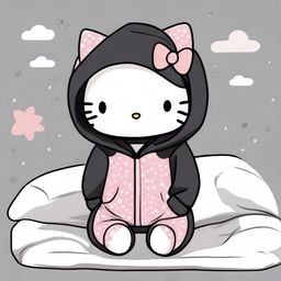 A Hello Kitty character wearing black and grey pajamas and a black hoodie