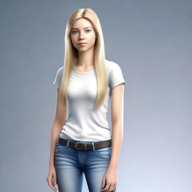 A realistic depiction of a white teenage female with a thin body