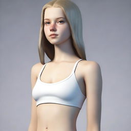 A realistic depiction of a white teenage female with a thin body, wearing a swimsuit