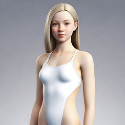 A realistic depiction of a white teenage female with a thin body, wearing a swimsuit