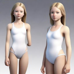 A realistic depiction of a white teenage female with a thin body, wearing a swimsuit