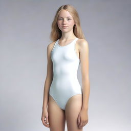 A highly realistic depiction of a white teenage female with a thin body, wearing a swimsuit