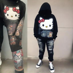 A Hello Kitty character dressed as a gangster, wearing a black hoodie, holding a gun, and sporting baggy ripped black jeans with white shoes