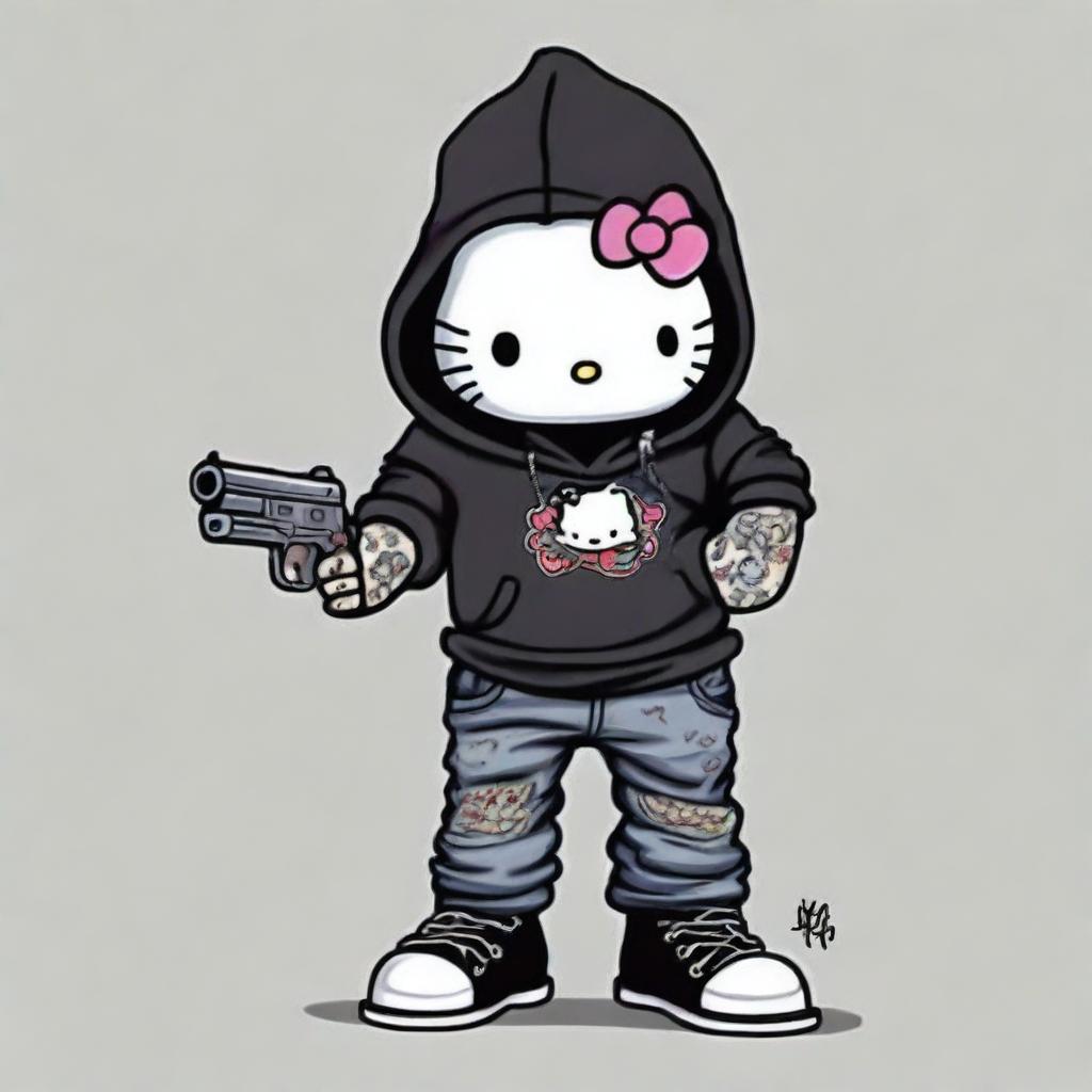 A Hello Kitty character dressed as a gangster, wearing a black hoodie, holding a gun, and sporting baggy ripped black jeans with white shoes