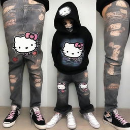 A Hello Kitty character dressed as a gangster, wearing a black hoodie, holding a gun, and sporting baggy ripped black jeans with white shoes