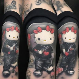 A Hello Kitty character dressed as a gangster, wearing a black hoodie, holding a gun, and sporting baggy ripped black jeans with white shoes