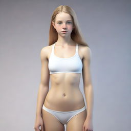 A highly realistic depiction of a white teenage female with a thin body and visible six-pack abs, wearing a swimsuit