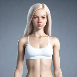 A highly realistic depiction of a white teenage female with a thin body and visible six-pack abs, wearing a swimsuit