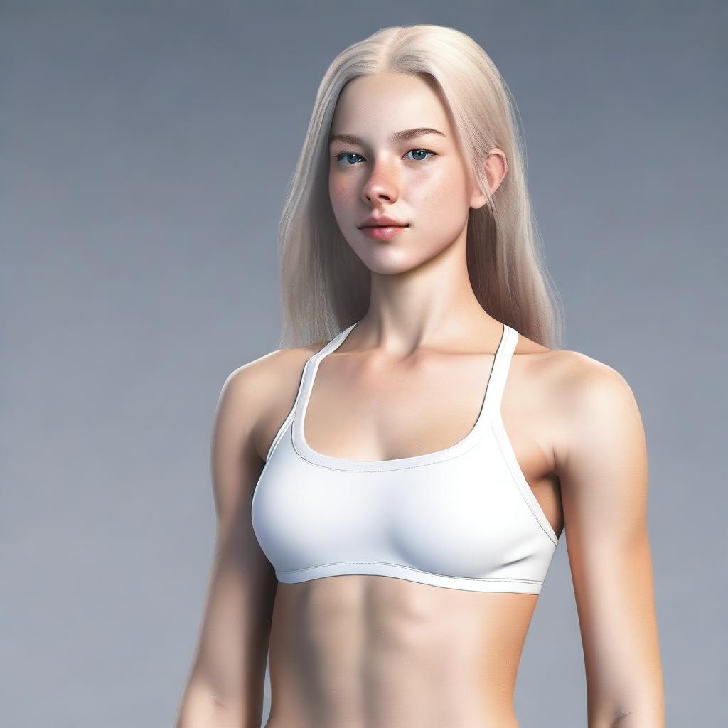 A highly realistic depiction of a white teenage female with a thin body and visible six-pack abs, wearing a swimsuit