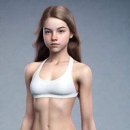 A highly realistic depiction of an 18-year-old white teenage female with a thin body and visible six-pack abs, wearing a swimsuit