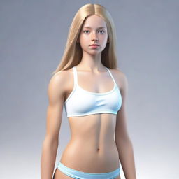 A highly realistic depiction of an 18-year-old white teenage female with a thin body and visible six-pack abs, wearing a swimsuit