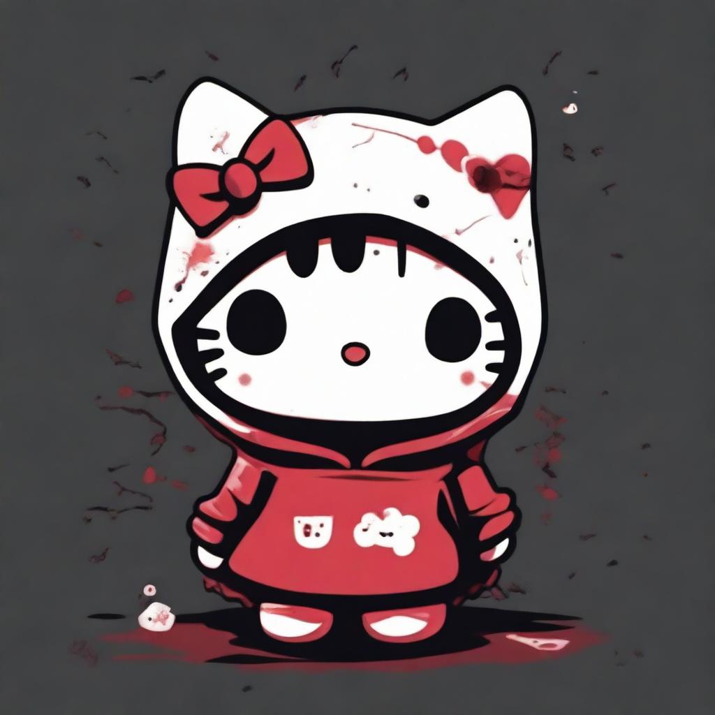 A Hello Kitty character with a big creepy smile, set against a black background