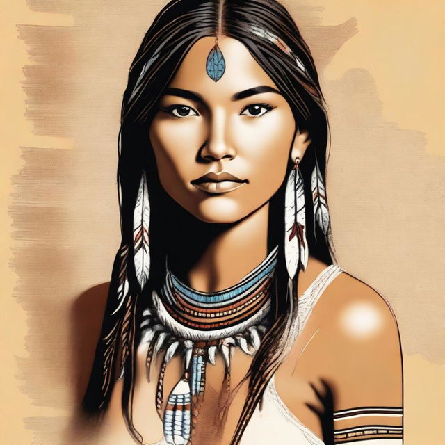 A detailed illustration of an 18-year-old Native American girl with a focus on her attractiveness