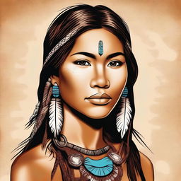 A detailed illustration of an 18-year-old Native American girl with a focus on her attractiveness