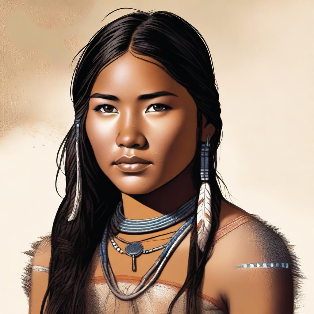 A realistic and detailed illustration of an 18-year-old Native American girl