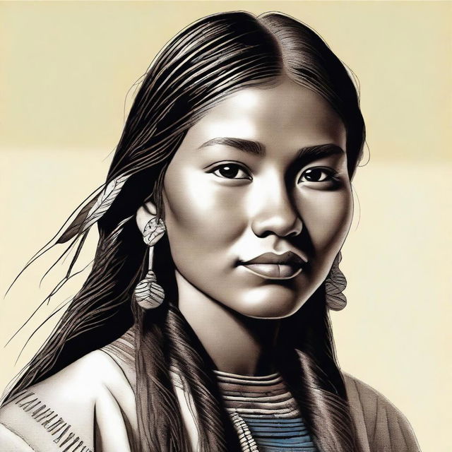 A realistic and detailed illustration of an 18-year-old Native American girl