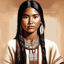 A realistic and detailed illustration of an 18-year-old Native American girl