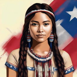 A realistic and detailed illustration of an 18-year-old girl with a blend of Native American and British heritage