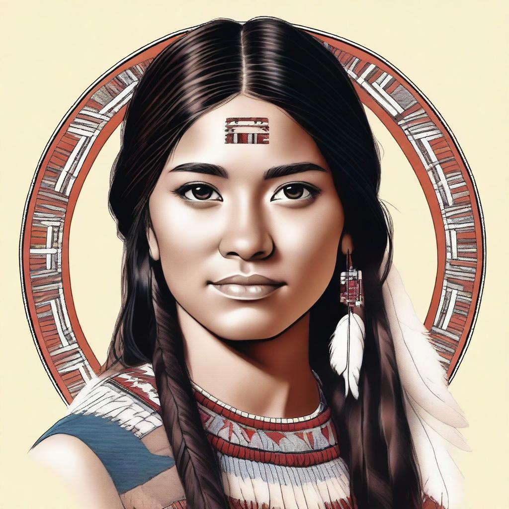 A realistic and detailed illustration of an 18-year-old girl with a blend of Native American and British heritage