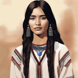 A realistic and detailed illustration of an 18-year-old girl with a blend of Native American and British heritage