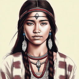 A realistic and detailed illustration of an 18-year-old girl with a blend of Native American and British heritage