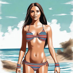 A realistic and detailed illustration of an 18-year-old girl with a blend of Native American and British heritage, wearing a bikini