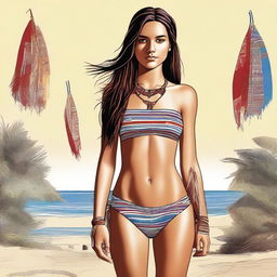 A realistic and detailed illustration of an 18-year-old girl with a blend of Native American and British heritage, wearing a bikini