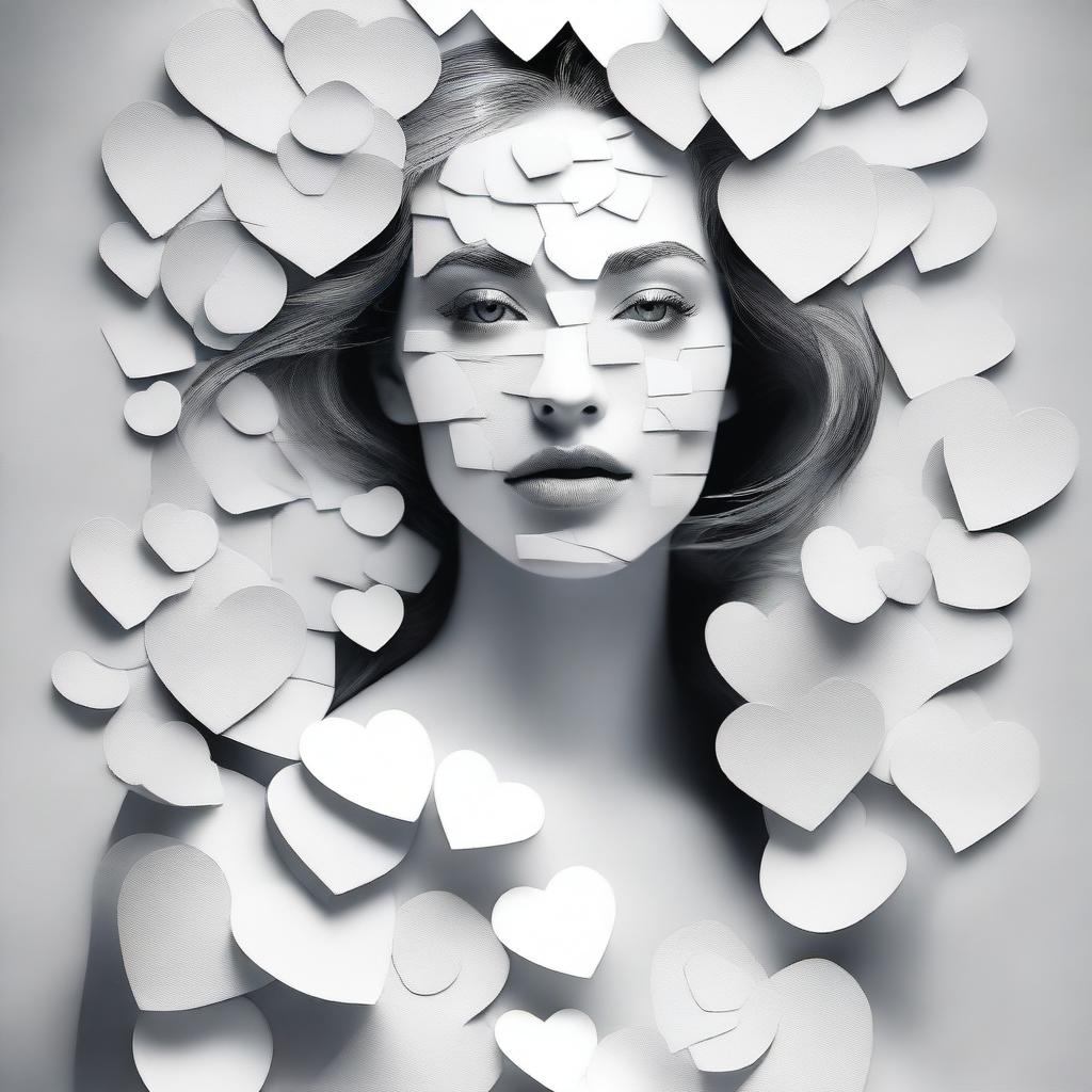 Create an image of a woman composed of various hearted pictures, with a focus on incorporating more white elements