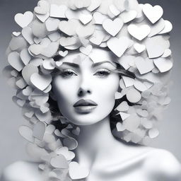 Create an image of a woman composed of various hearted pictures, with a focus on incorporating more white elements