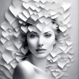 Create an image of a woman composed of various hearted pictures, with a focus on incorporating more white elements