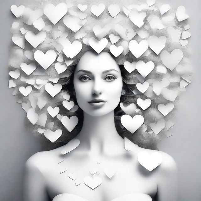 Create an image of a woman composed of various hearted pictures, with a focus on incorporating more white elements