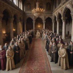 A grand and regal gathering of medieval lords in a stately court, dressed in opulent robes with intricate details, symbols of their power and influence visible.