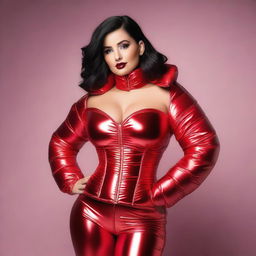 A confident woman wearing a tight, shiny red puffer corset