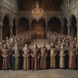 A grand and regal gathering of medieval lords in a stately court, dressed in opulent robes with intricate details, symbols of their power and influence visible.