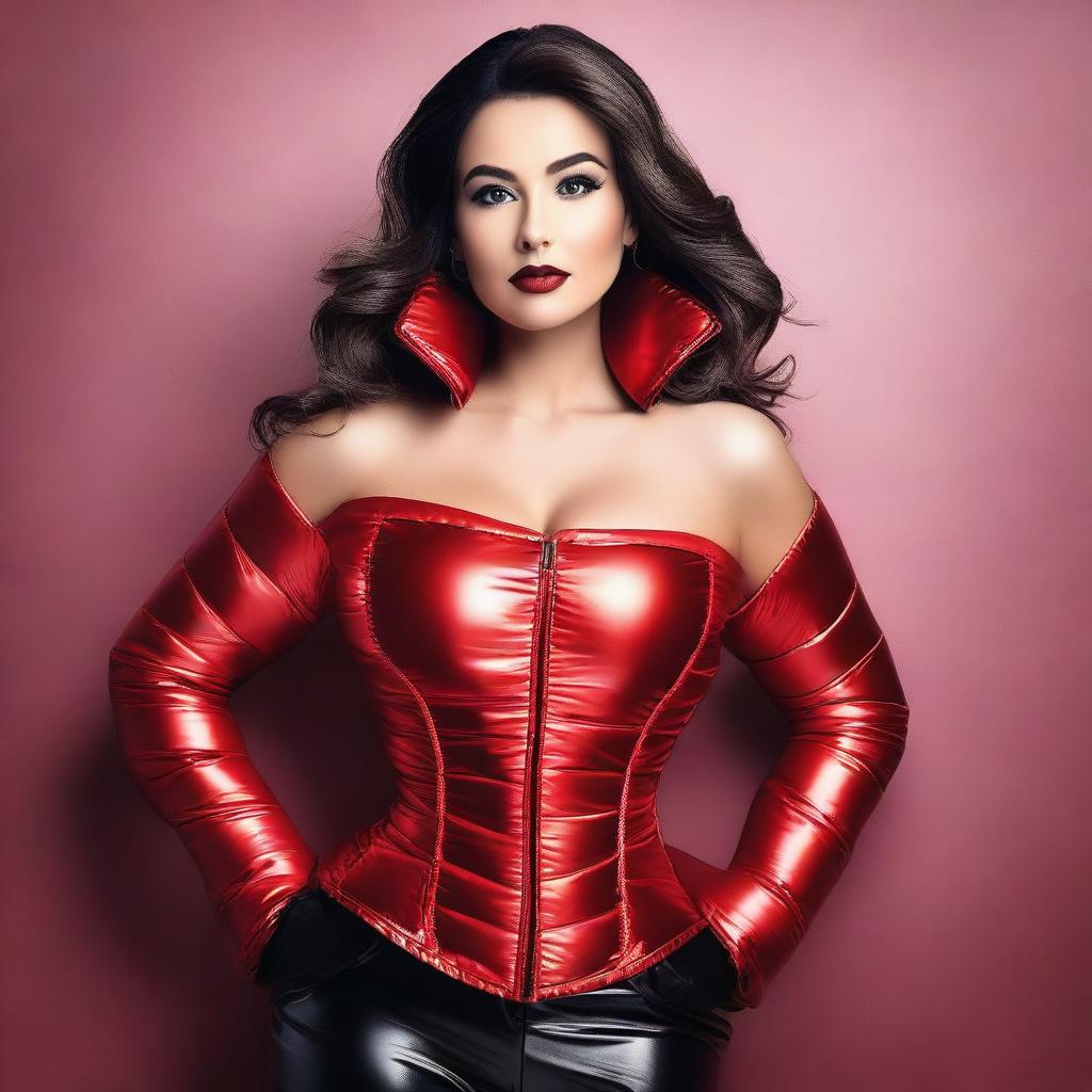 A confident, alluring woman wearing a tight, shiny red puffer corset