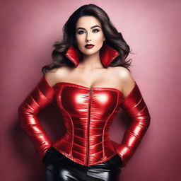 A confident, alluring woman wearing a tight, shiny red puffer corset