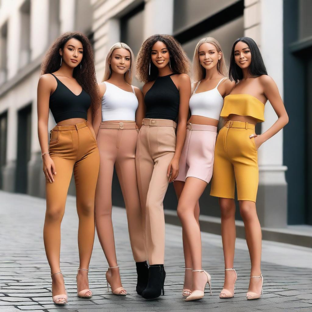 A group of attractive young women posing confidently in a stylish urban setting