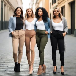 A group of attractive young women posing confidently in a stylish urban setting