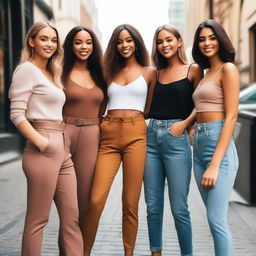 A group of attractive young women posing confidently in a stylish urban setting