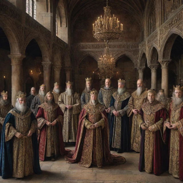 A grand and regal gathering of medieval lords in a stately court, dressed in opulent robes with intricate details, symbols of their power and influence visible.